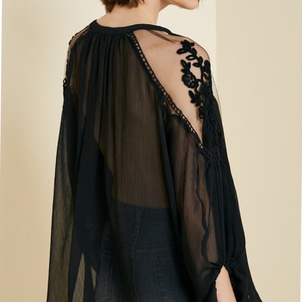 1 left! Semi Sheer Floral Lace Yoke Lantern Blouse - Picture 3 of 8